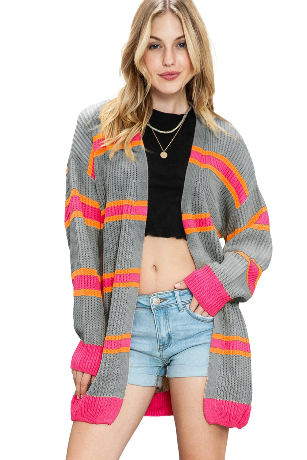 Grey Striped Colorblock Rib Knit Drop Sleeve Long Cardigan