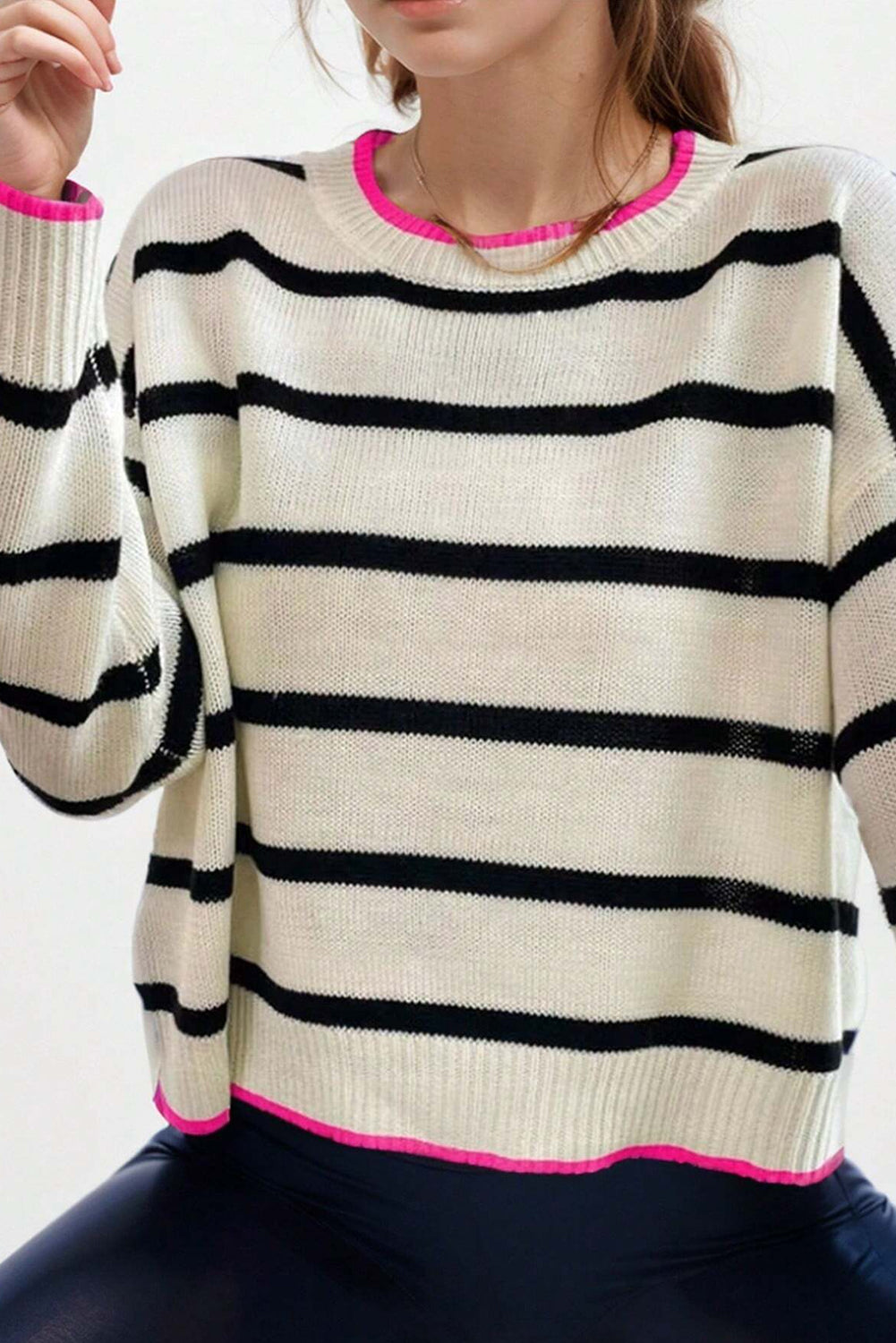 White Stripe Contrast Trim Drop Shoulder Sweater