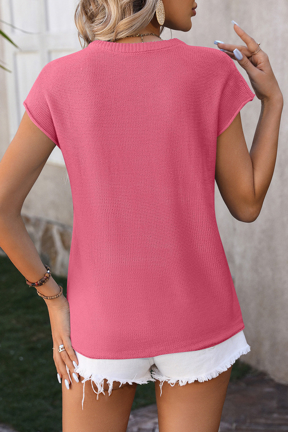 Rose Red Knit Exposed Seam Cap Sleeve Round Neck T Shirt