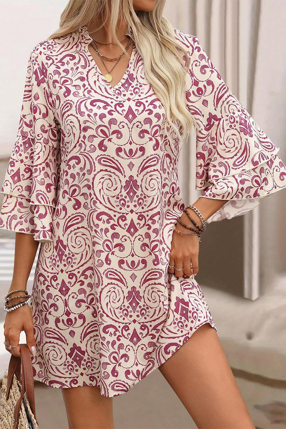 Pink Paisley Print Tiered 3/4 Sleeve Notched Neck Short Dress