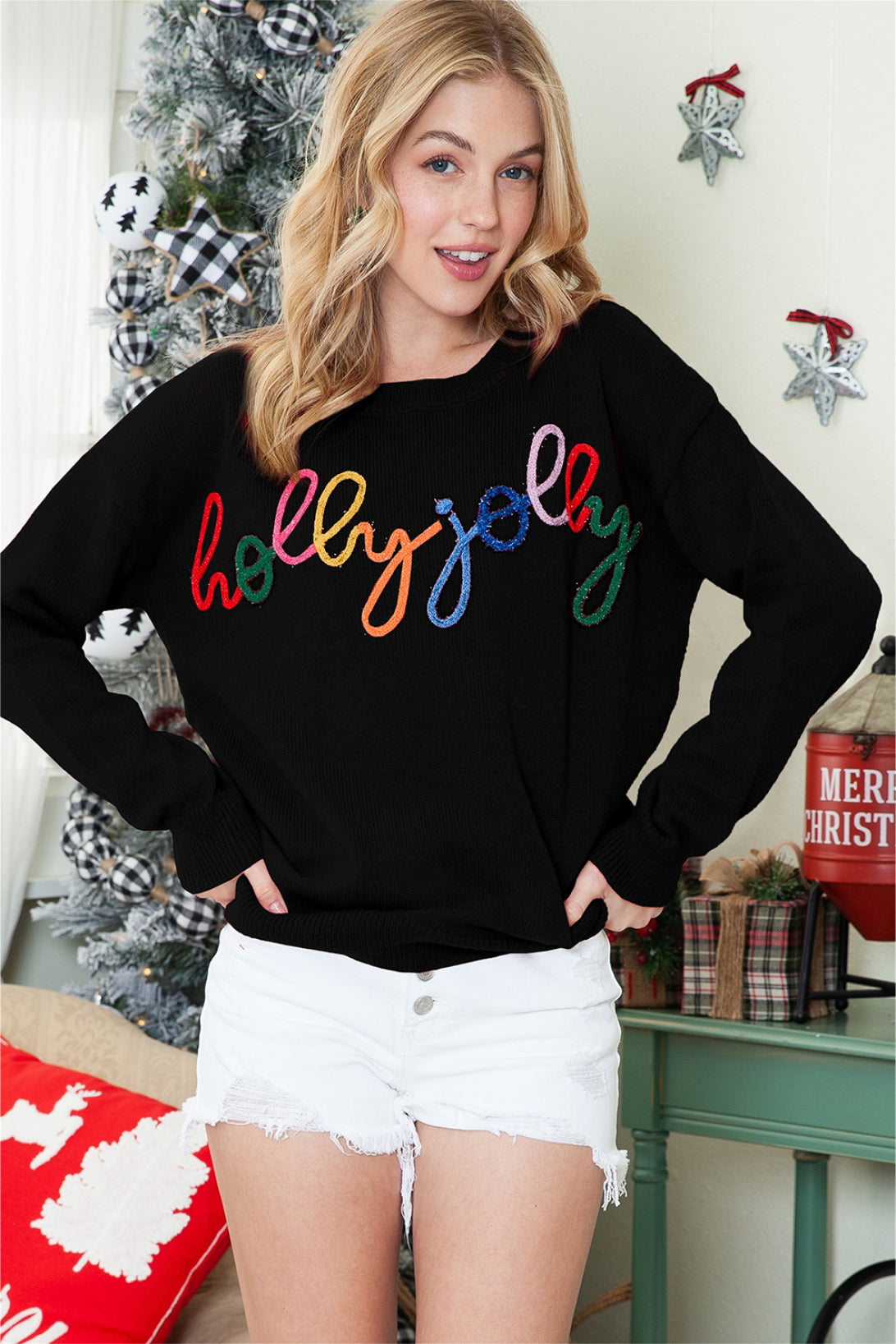 White Glitter Merry & Bright Round Neck Knit Sweater