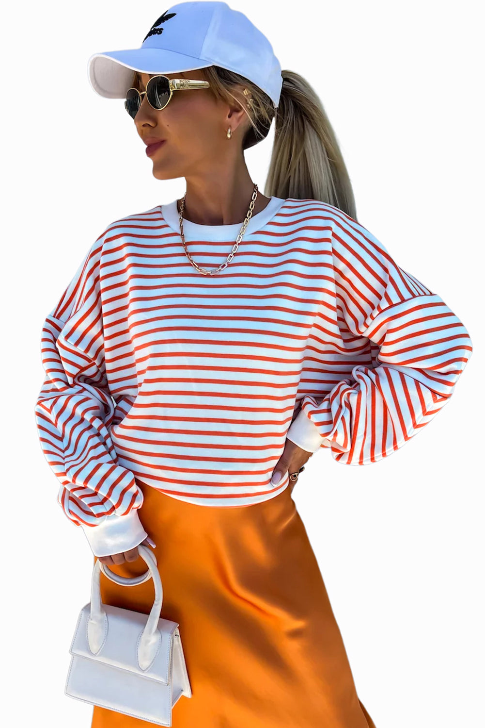 Orange Stripe Drop Shoulder Crew Neck Loose Sweatshirt