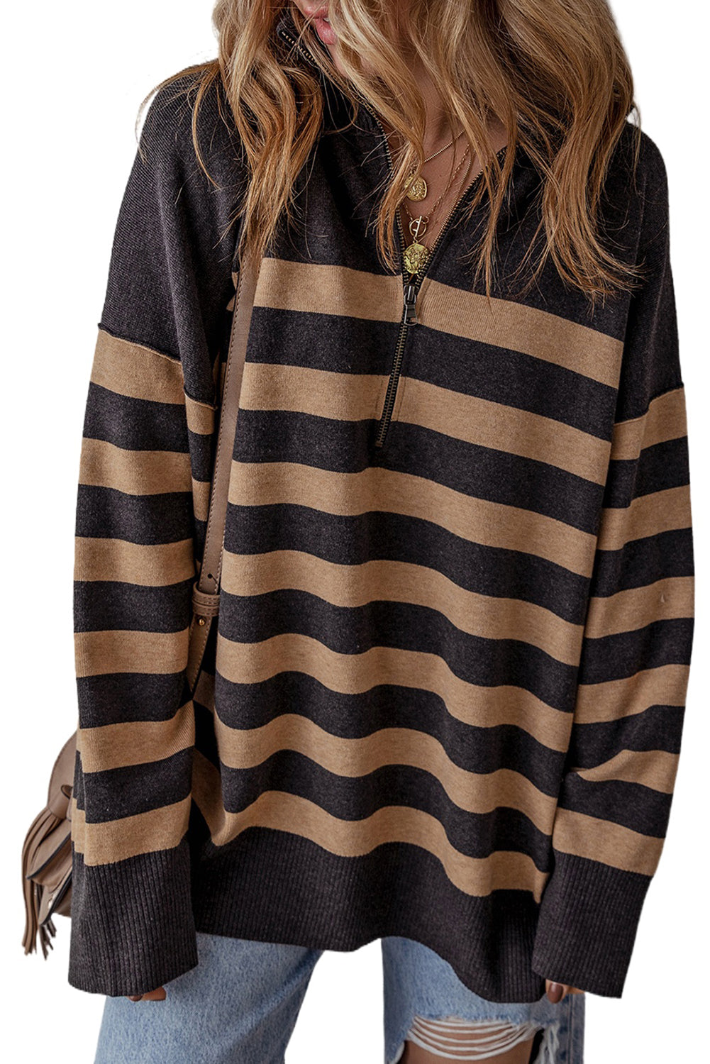 Green Striped Collared Quarter Zip Oversized Sweater