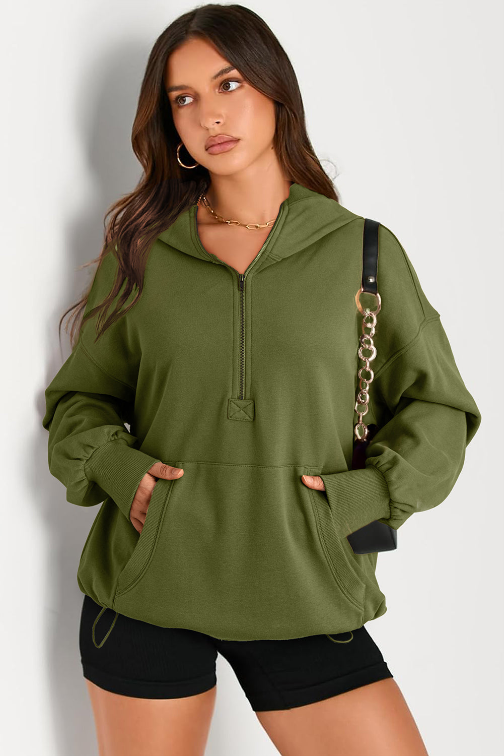 Parchment Kangaroo Pocket Half Zipper Oversized Hoodie