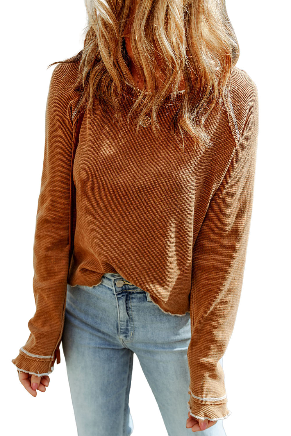 Green Textured Exposed Seam Long Sleeve Top