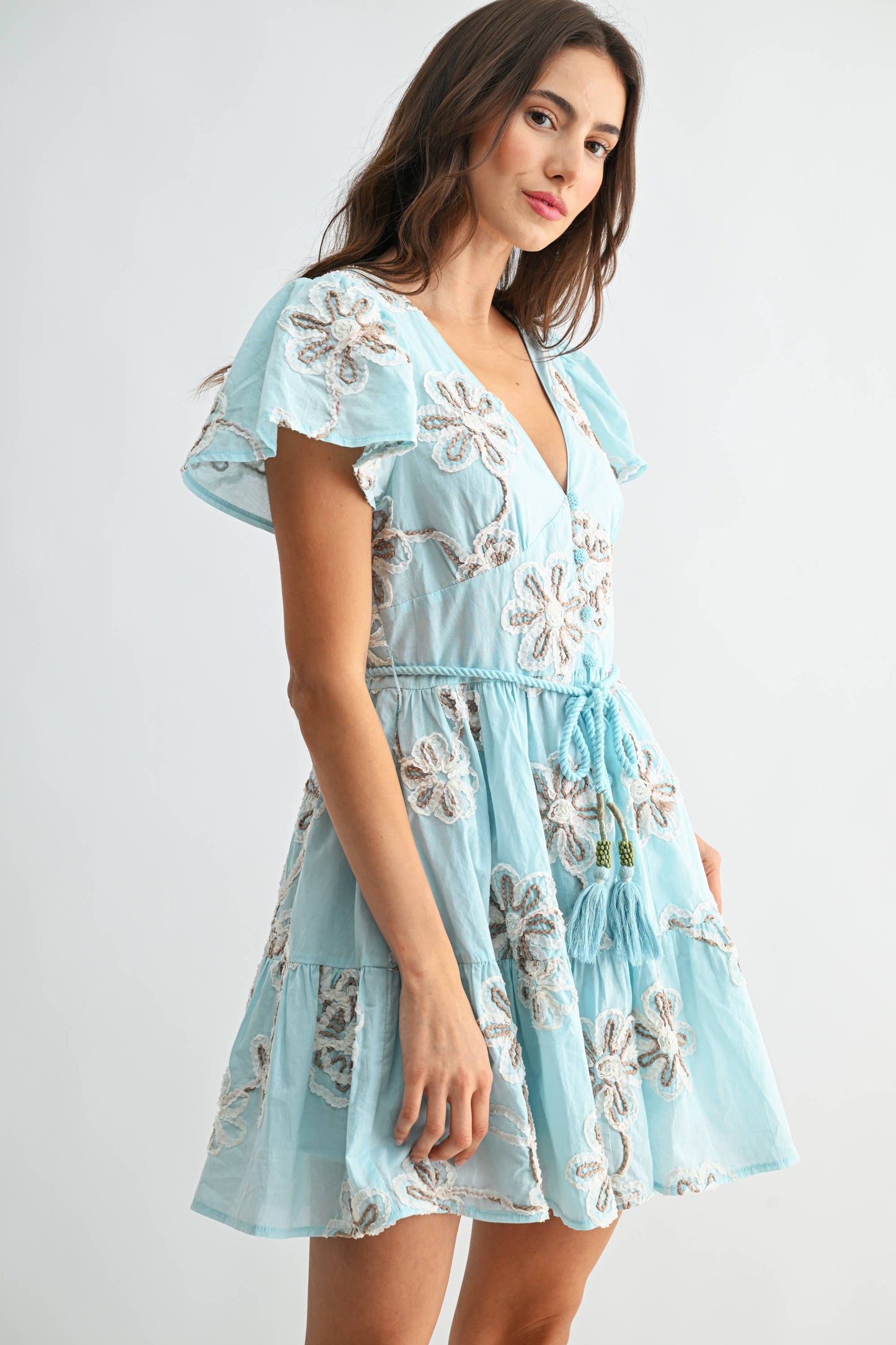 Embroidered Floral Short Sleeve Dress with Belt