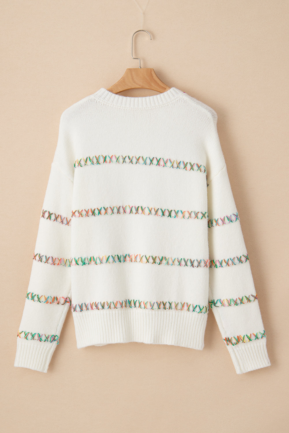 White Colorful Cross Stitch Drop Shoulder Sweater