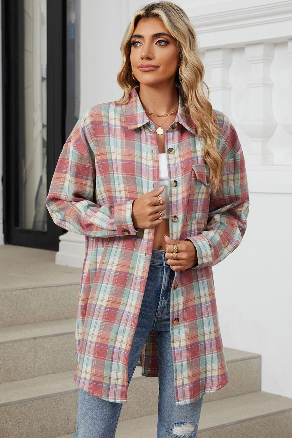 Pink Casual Plaid Print Pocket Button Shirt