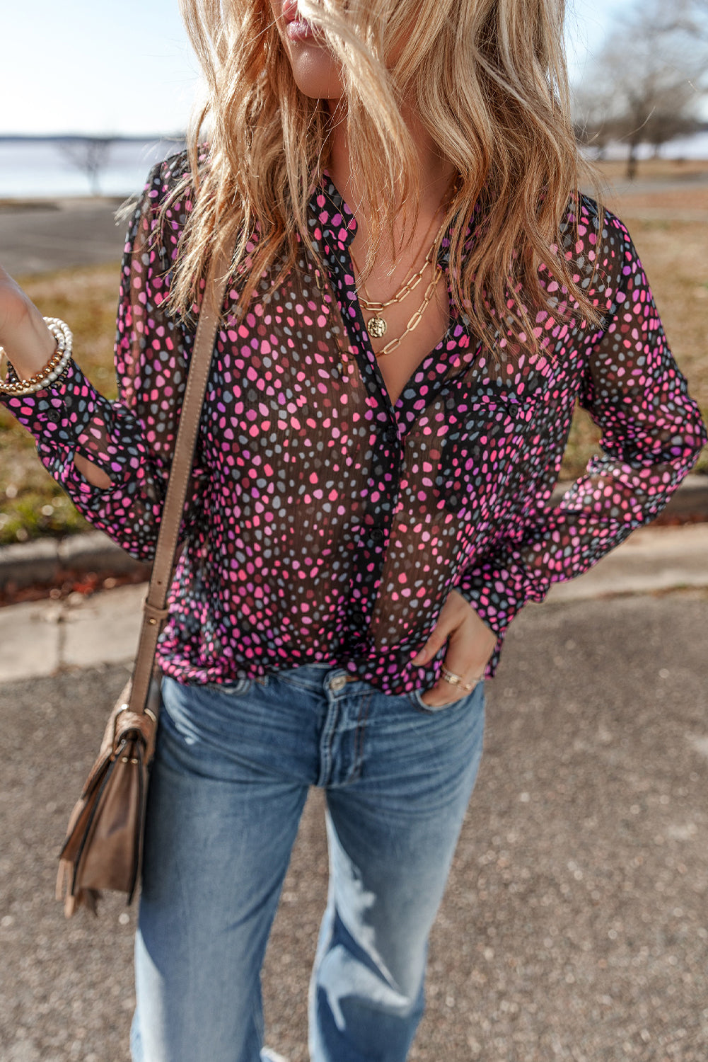 Grape Wine Polka Dot Printed Buttoned Shirt