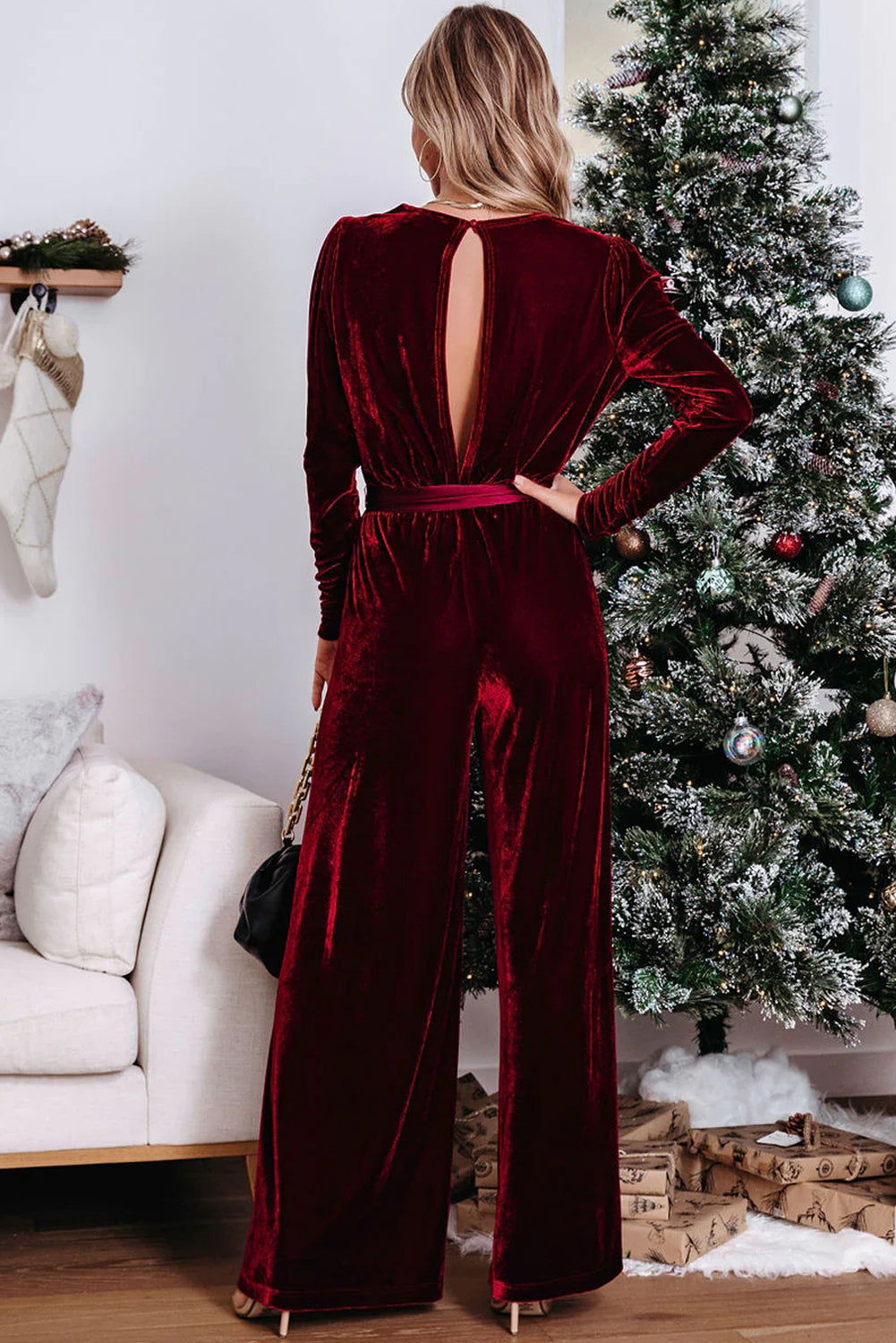 Burgundy Velvet Pocketed Cut Out Back Wide Leg Jumpsuit