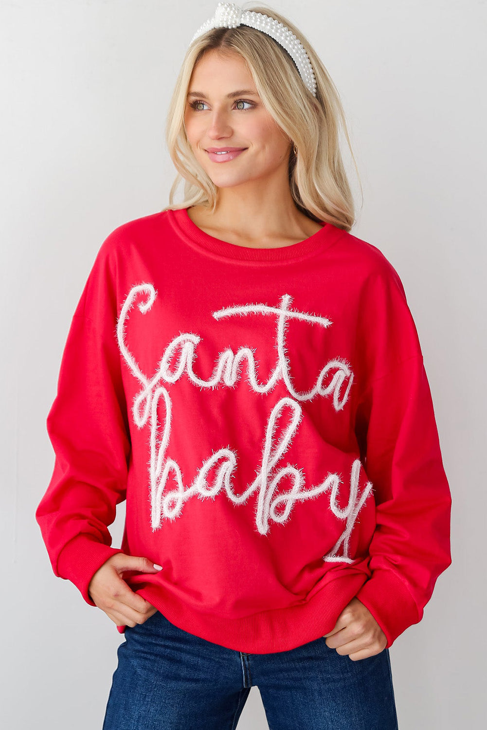 Fiery Red Christmas Tinsel Santa Baby Graphic Sweatshirt