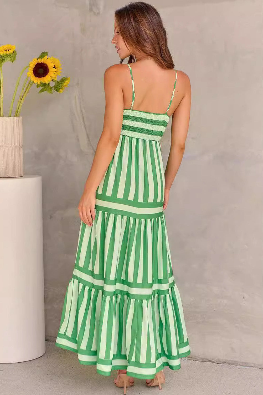 Pink Stripe Print Shirred Backless Pocket Maxi Dress