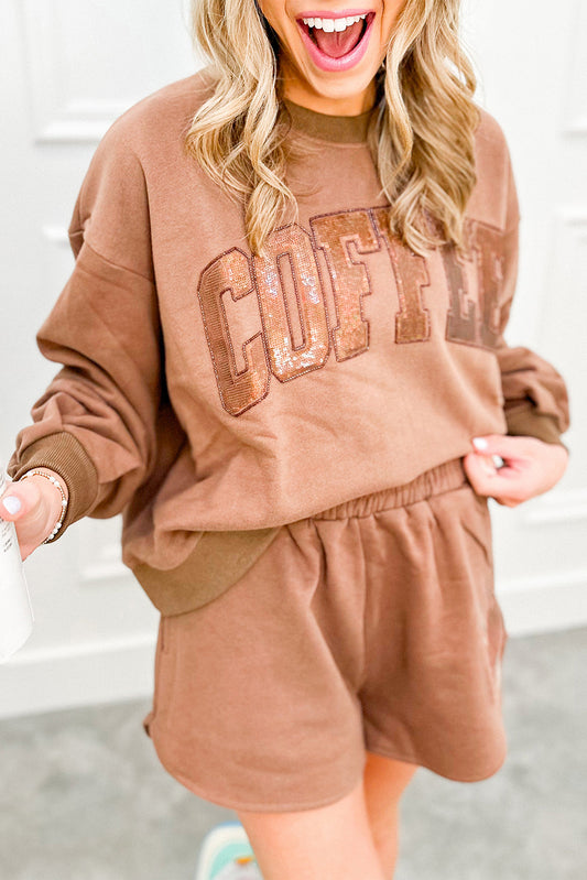 Straw Yellow Sequins COFFEE Loose Fit Sweatshirt and Shorts Set