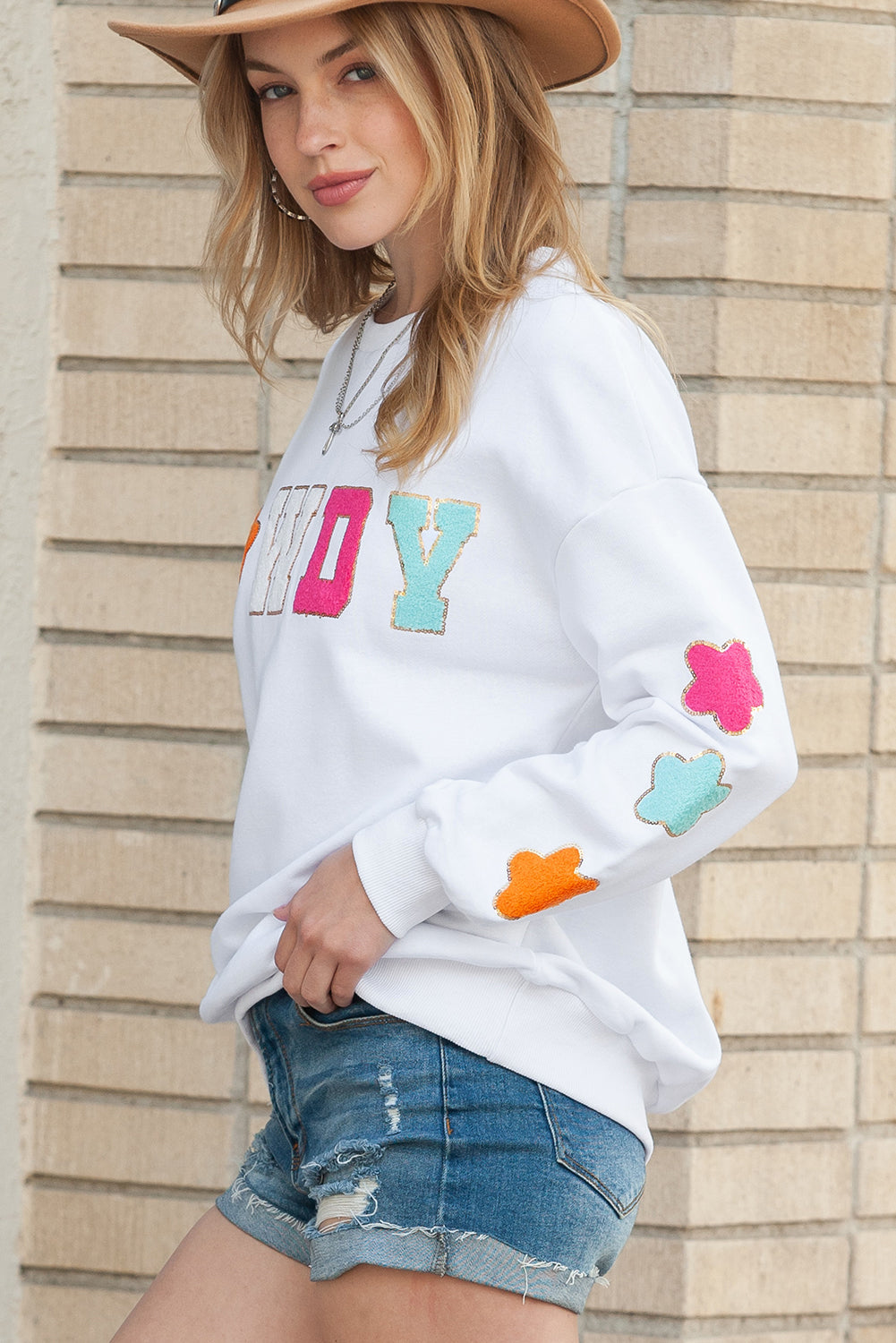 White Glitter Howdy Patch Casual Star Sweatshirt