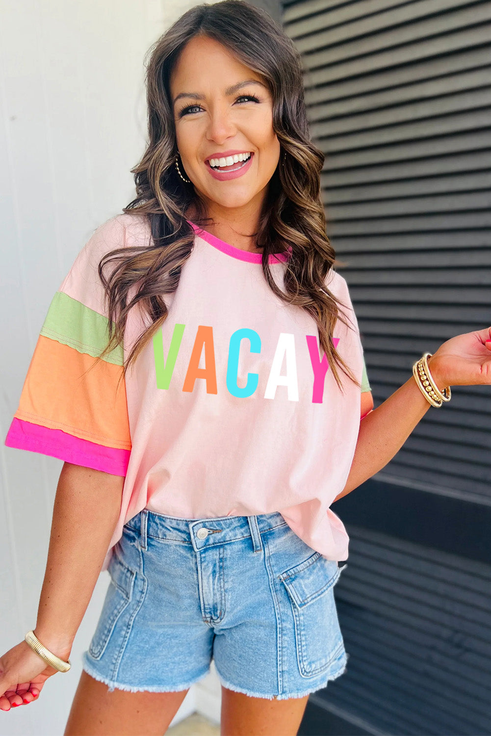 Pink Color Block VACAY Graphic Half Sleeve T Shirt