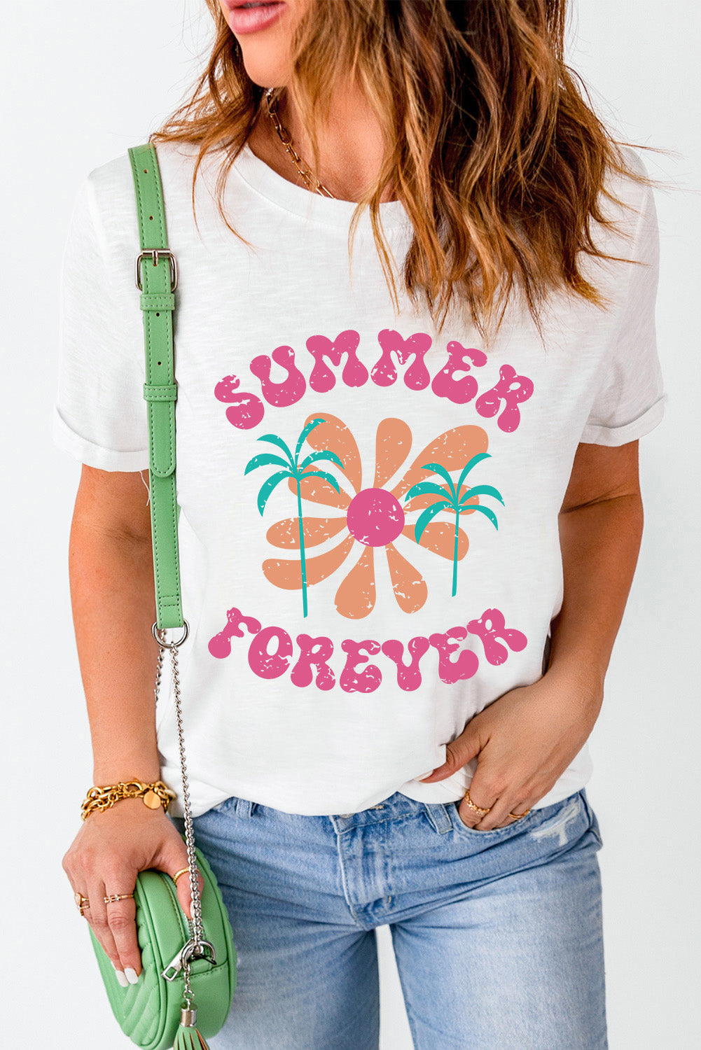 White Summer Forever Flower Graphic Tunic T Shirt