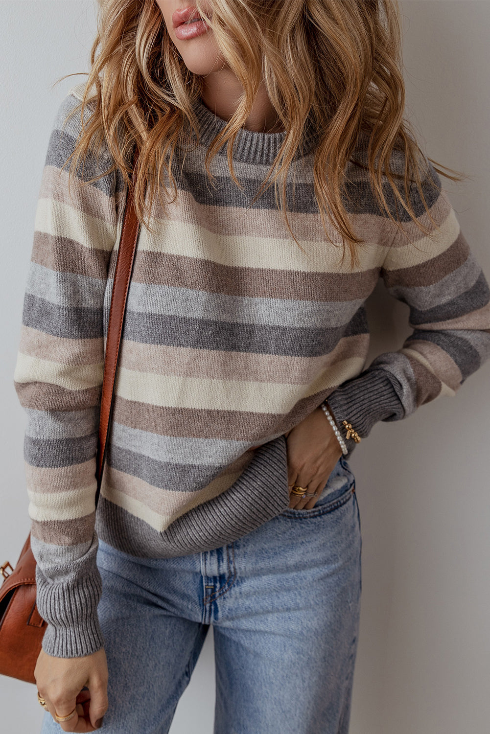 Gray Striped Ribbed Edge Round Neck Sweater