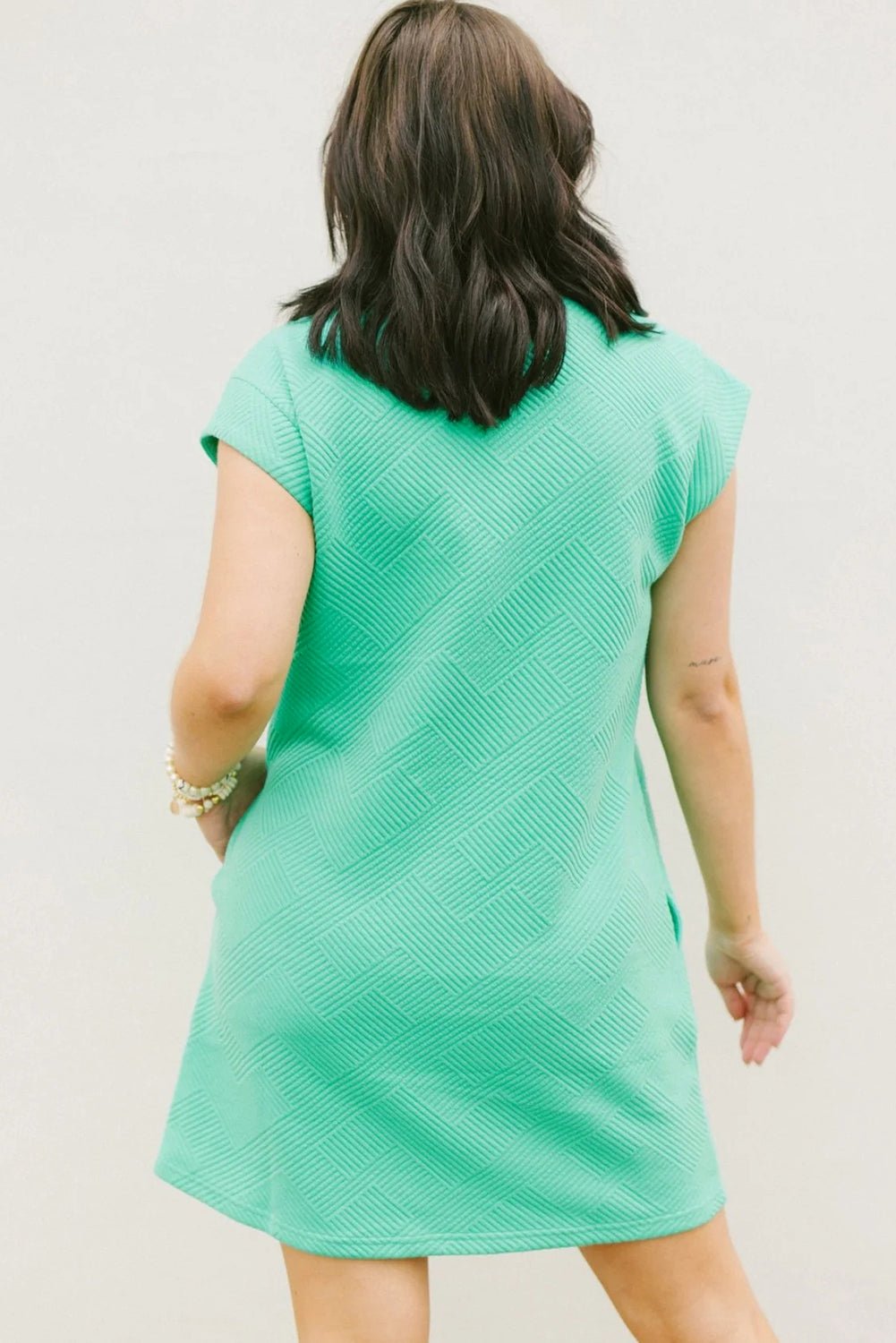 Mint Green Plain Textured Pocketed Mini Dress