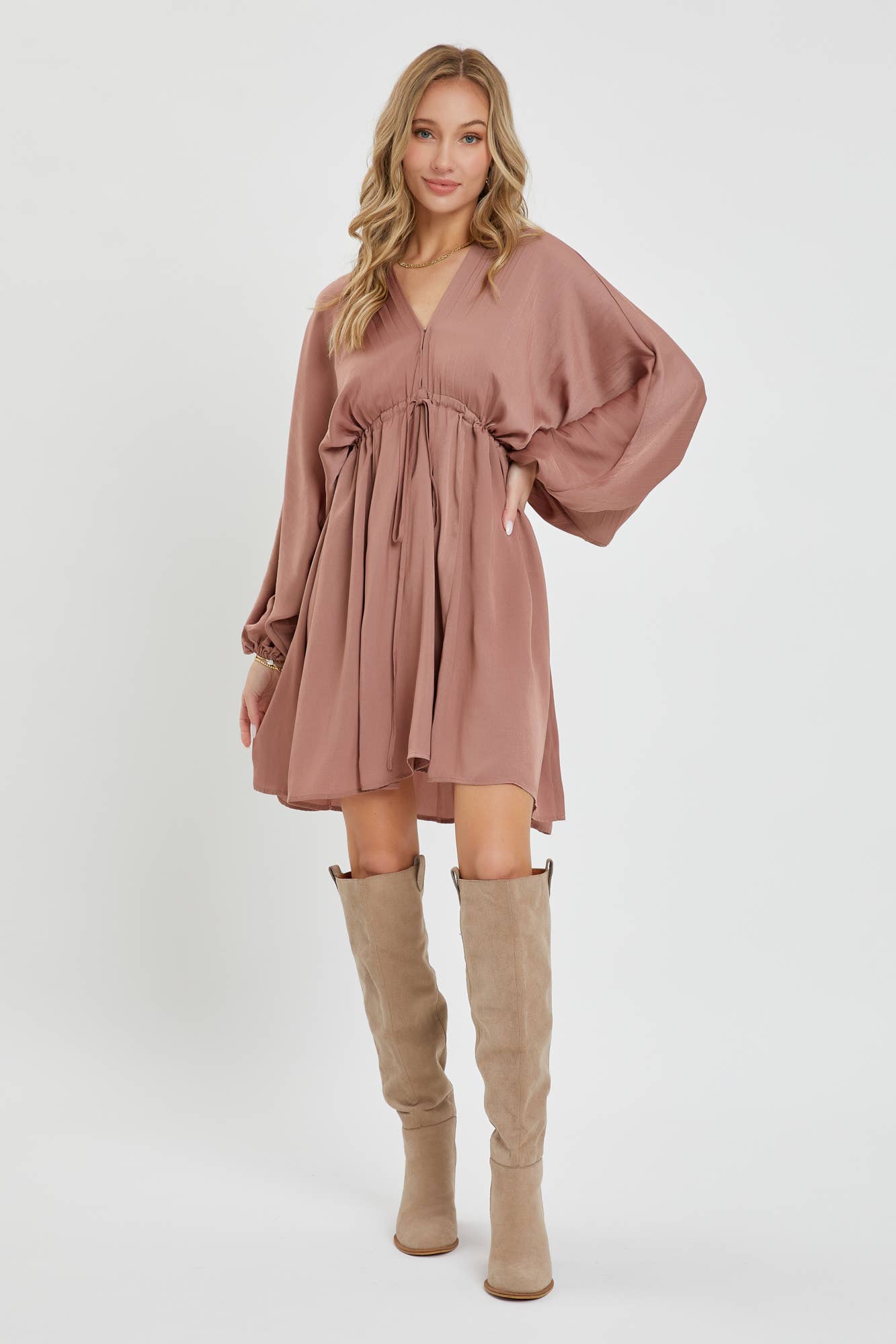 SATIN V NECK PLEATED DRESS