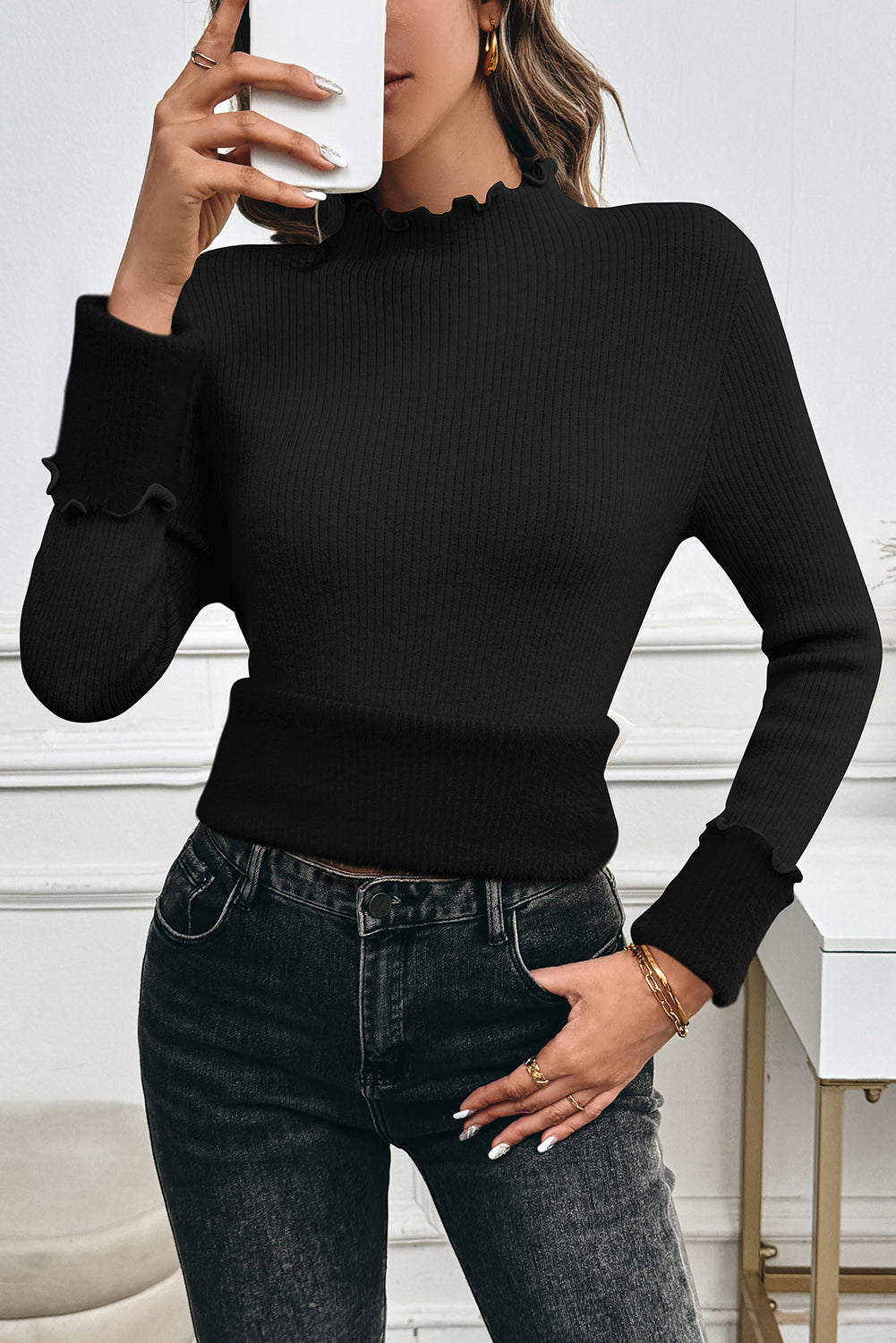 White Knit Fleece Lined Lettuce Edge Slim Fit Top