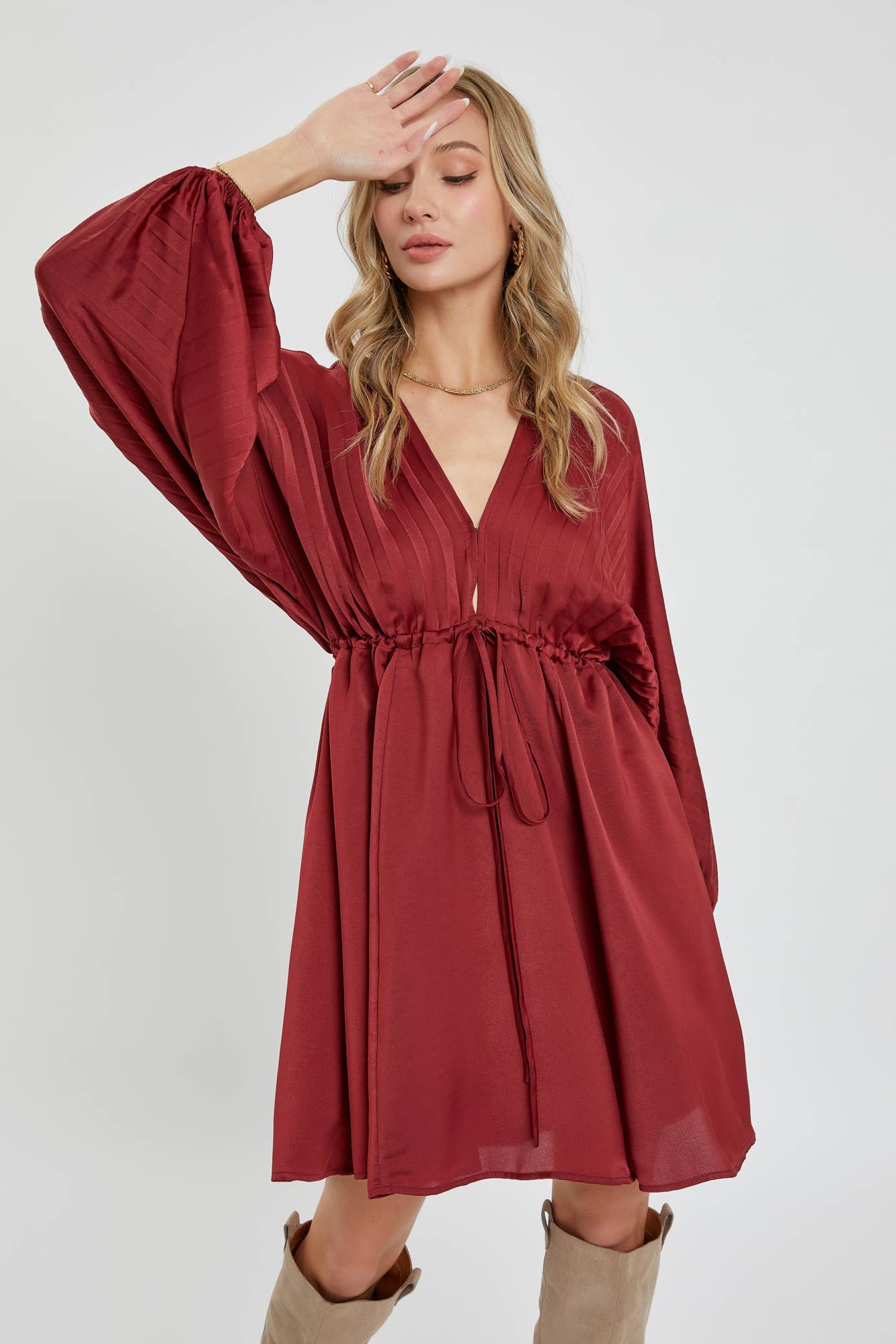 SATIN V NECK PLEATED DRESS