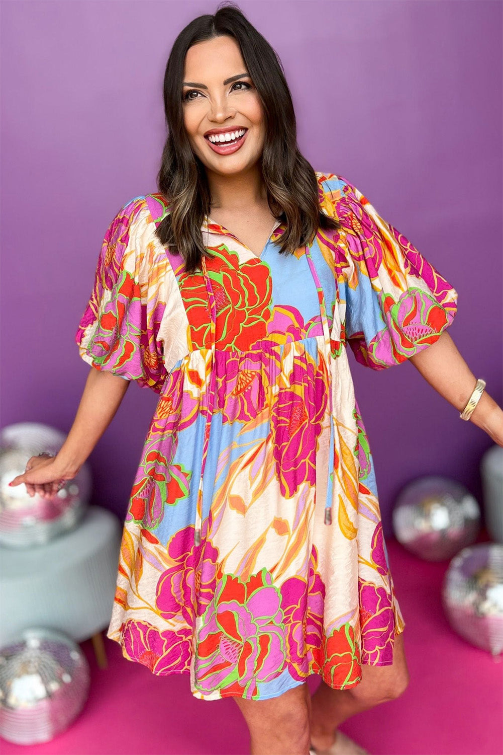 White Puff Sleeve Tied Split Neck Colorful Floral Flowy Dress