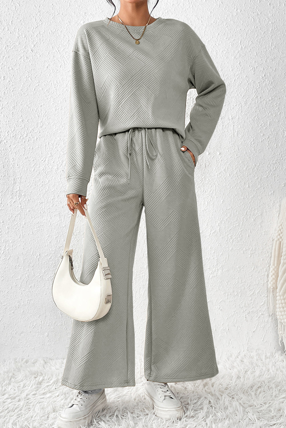 Dark Khaki Textured Loose Slouchy Long Sleeve Top and Pants Set