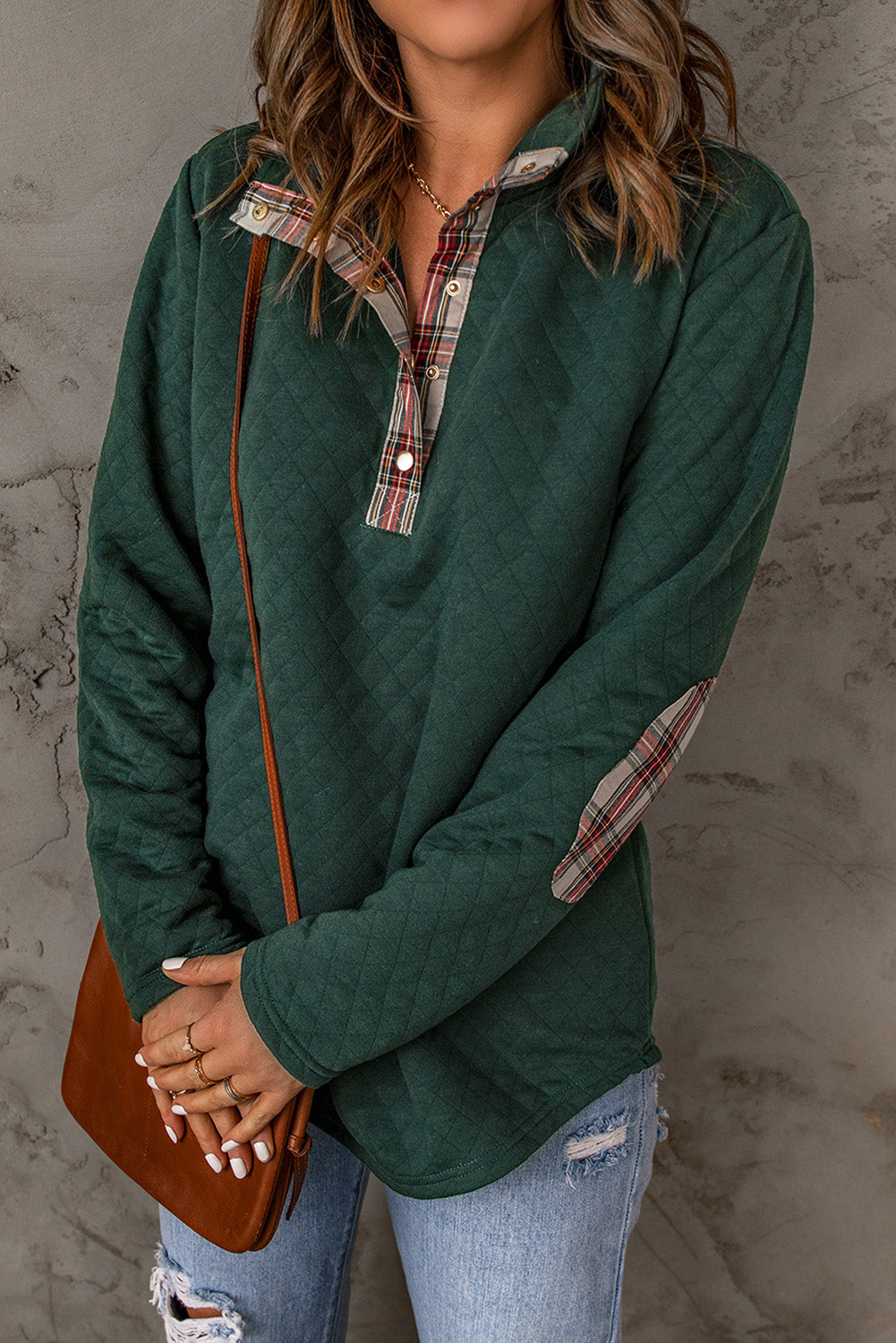 Green Plaid Geometric Texture Trim Buttons Neck Quilted Sweatshirt