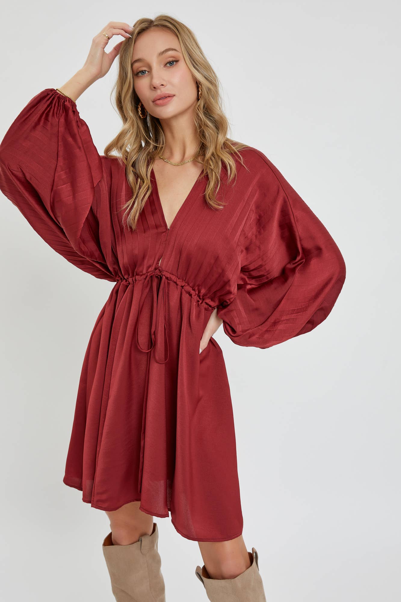 SATIN V NECK PLEATED DRESS