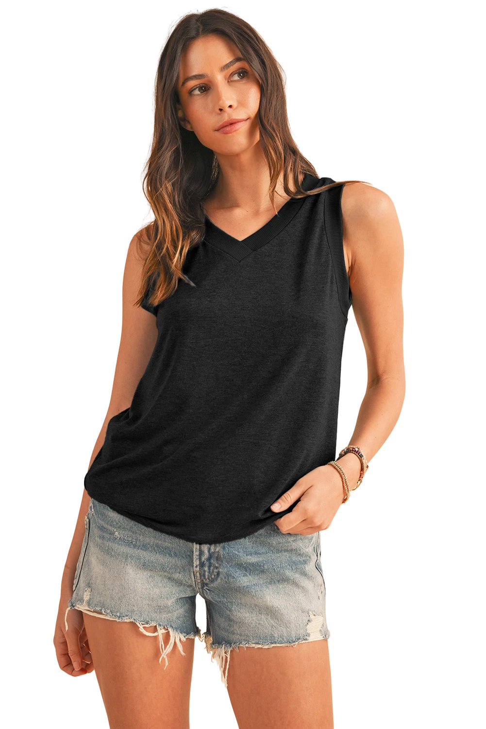 Gray Contrast Trim V-Neck Loose Fit Tank Top