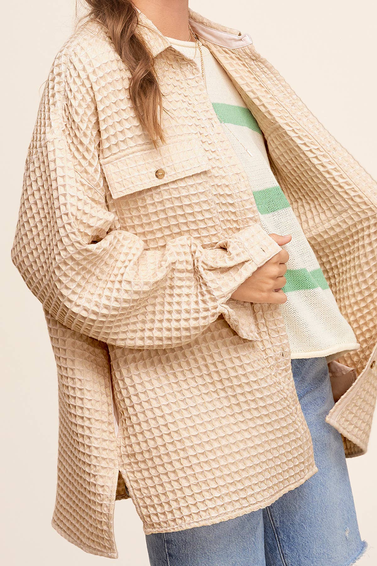 Unique Waffle Textured Oversized Button Down Shacket